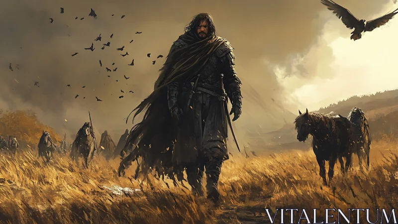 Solitary cloaked ranger strides through wind-swept golden steppe