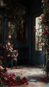 Opulent dark hallway overgrown with romantic cascading roses