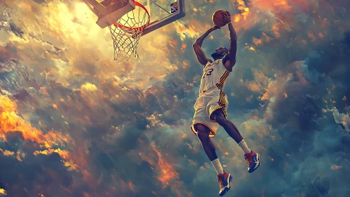 Digital painting of airborne basketball dunk amid glowing clouds.