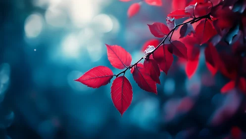 Vivid Red Leaves on Branch with Soft Blue Bokeh Background.