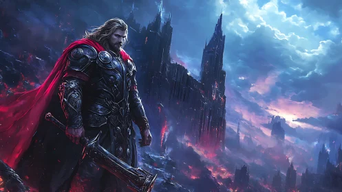 Storm-clad warrior watching a burning crystal city glow.