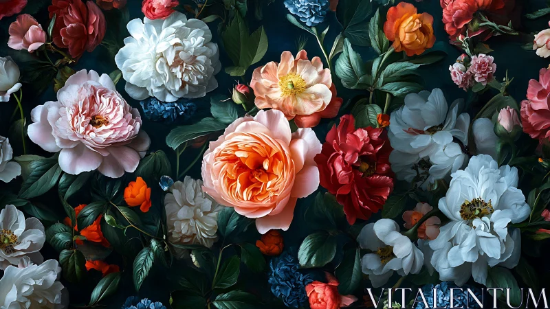 Garden with Layered Florals on Dark Ground.