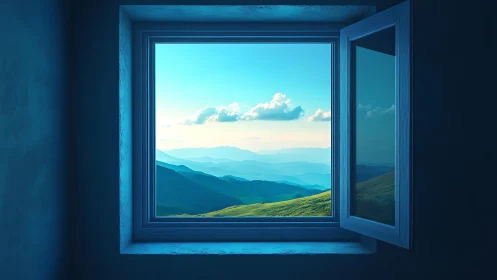 Open window framing sunlit blue mountains and green hills.