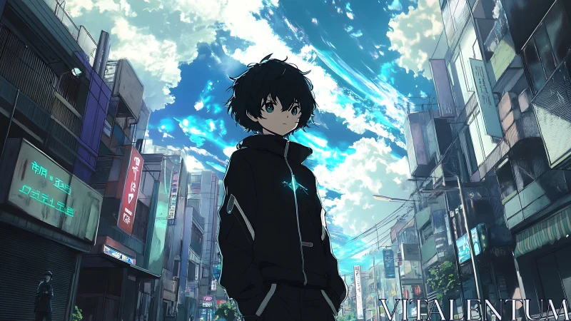 Teen boy in black hoodie stands in neon lit city street.