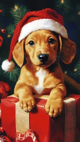 Puppy Claus perched on a present of sparkling wonder.