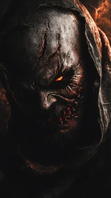 Hooded demon emerges from darkness with burning molten gaze