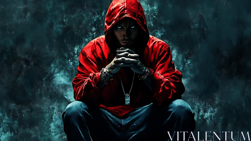 Hooded figure seated in shadows with intense forward stare.