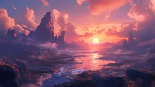 Volumetric sunset over alien coastline with stratified rock spires