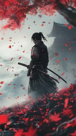 Solitary samurai pauses beneath crimson autumn leaves