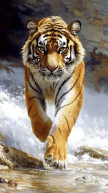 Tiger walking through shallow mountain stream in daylight.