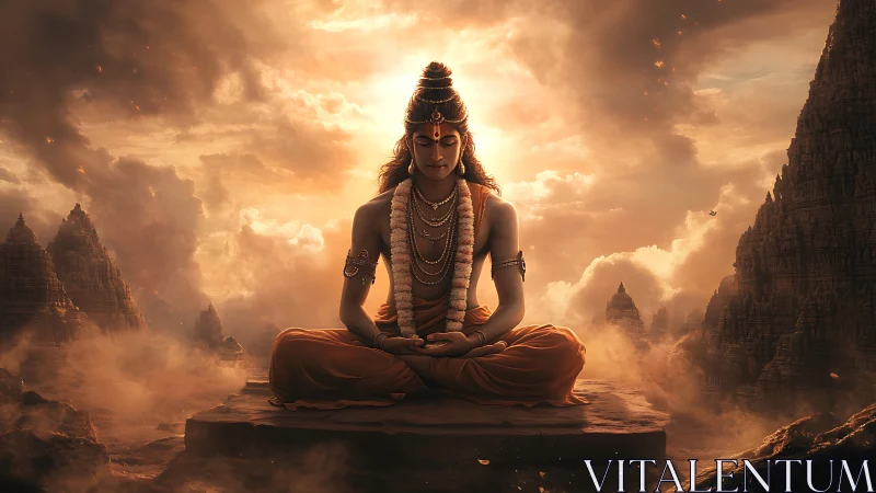 Radiant meditating figure rests calmly in glowing mountain sky