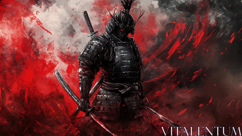 Shadow-clad samurai stalks through scarlet battlefield storm.