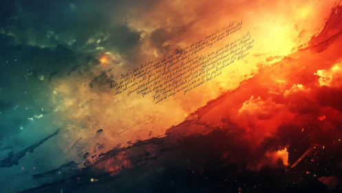 Nebulous gradient sky with central handwritten script band.