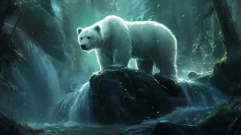 White bear standing over misty forest waterfall at dusk.