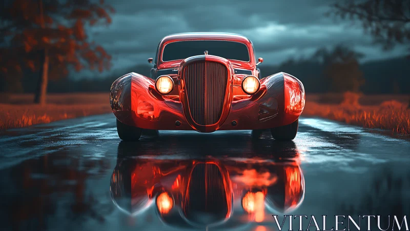 Red vintage coupe on wet country road at dusk.