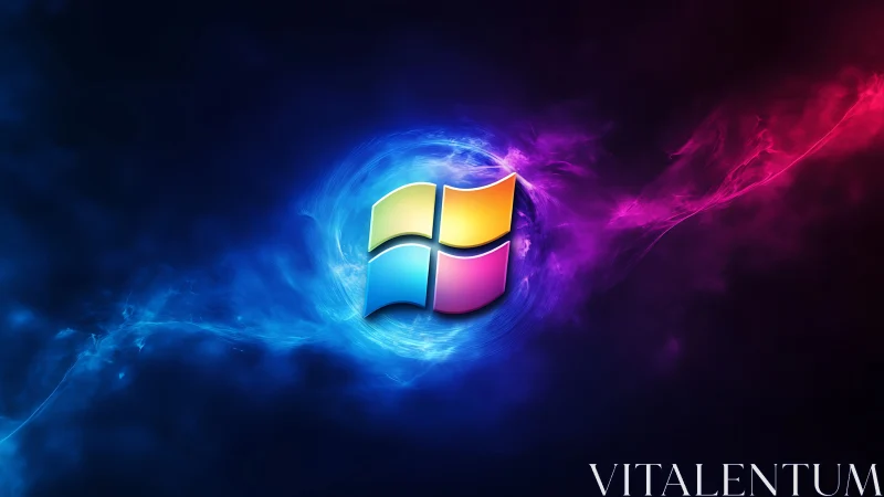 Glowing window logo floating in a swirling neon galaxy.