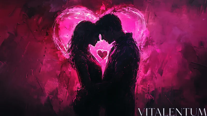 Two silhouettes kissing beneath glowing neon heart