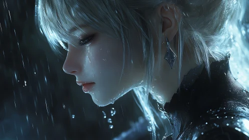 Side profile of wet silver haired woman under heavy rain