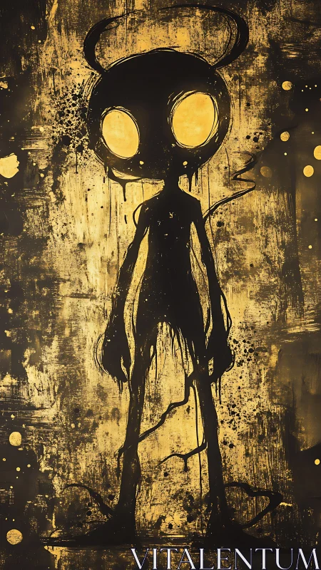 Glow-eyed shadow creature standing in splattered gold light.