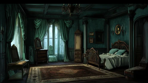 Whispering teal bedroom where antique shadows linger softly.