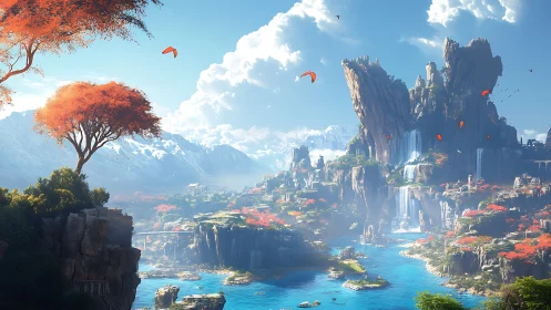 Sky-laced waterfalls and ember trees over sapphire coves.