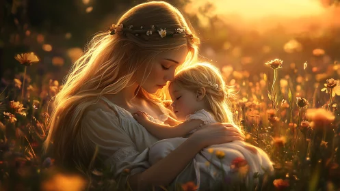 Golden Hour Embrace Between Mother and Child