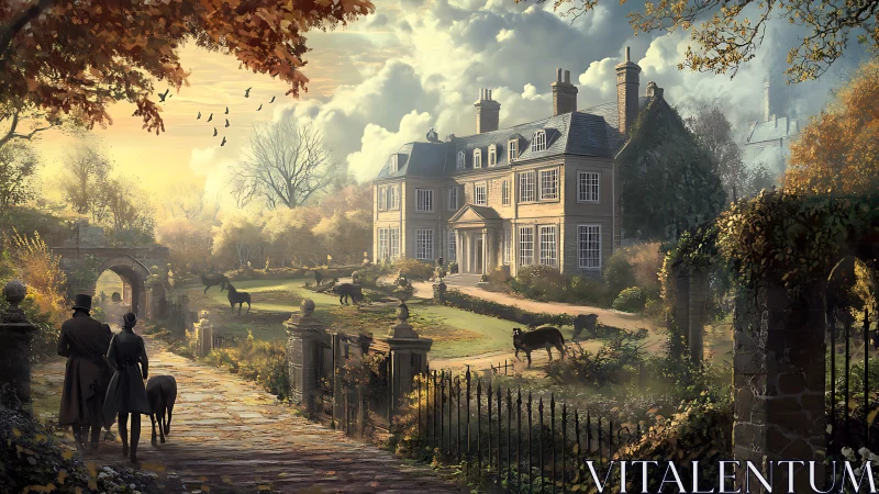 Digital painting of autumn manor promenade with equestrian lawn.