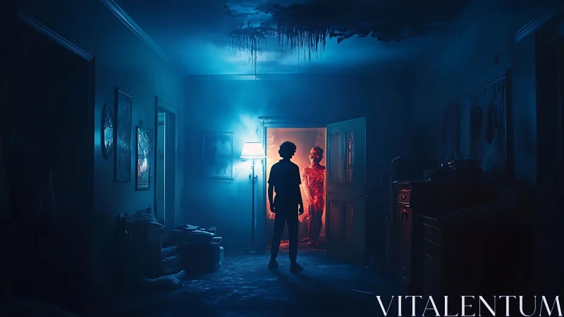 Silhouetted figure faces glowing red entity in blue hallway