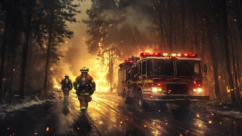 Firefighters conducting operations at wildfire with emergency response vehicle