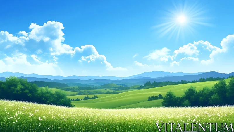 Sunny rolling hills under clear blue summer sky.