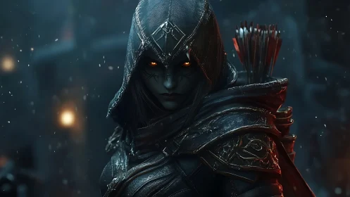 Hooded night huntress with glowing eyes in icy ruins.