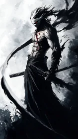 Blindfolded demon swordsman towers in storm of ink shadows.