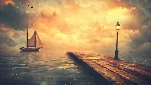 Sailboat near wooden pier under glowing cloudy sky.