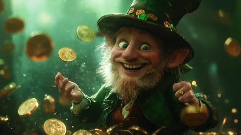 Cheerful 3D leprechaun portrait surrounded by flying gold coins