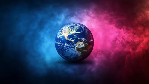 Planet Earth centered between blue and magenta nebula clouds.