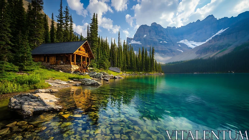 Mountain lake cabin beside evergreen forest and cliffs.