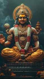 Radiant deity in golden robes offering calm blessing.