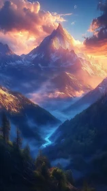 Epic sunrise over jagged snowy mountain and river valley.