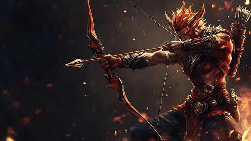 Flaming battle archer drawing composite recurve bow mid-release