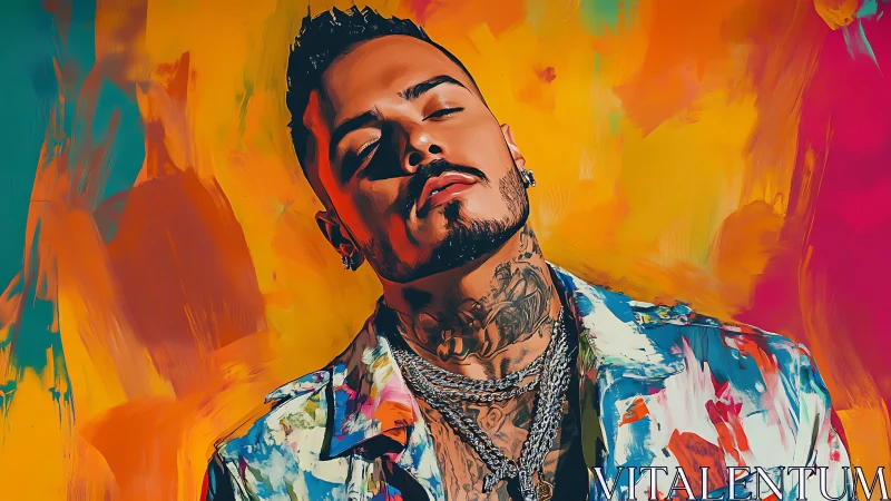 Chromatic portrait of tattooed man in vivid digital brushwork.