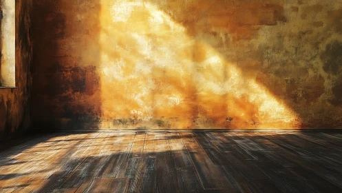 Sunlit textured wall casts diagonal light across wood floor
