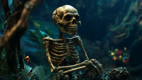 Skeleton seated in lush forest clearing at twilight.