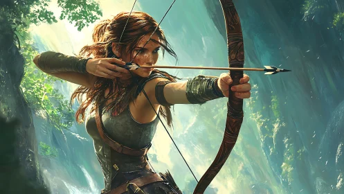 Fearless forest archer drawing her bow in glowing light.