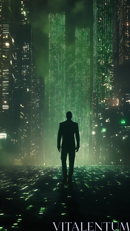 Silhouette striding through emerald code towers at night.