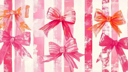 Pink and orange bows repeat over rough vertical stripes