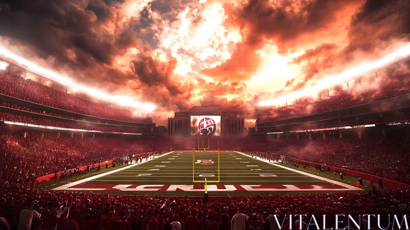 Digital football arena under fiery cinematic sky at sunset.