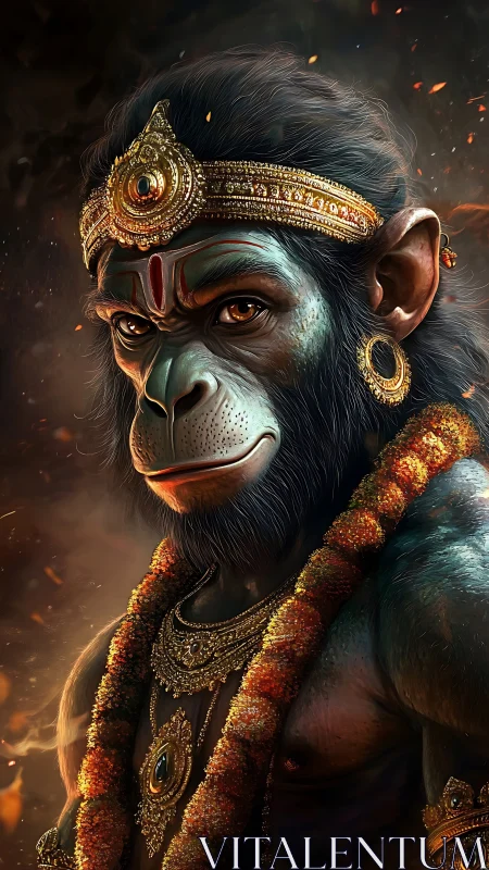 Simian-headed figure in ornate regalia against dark backdrop.