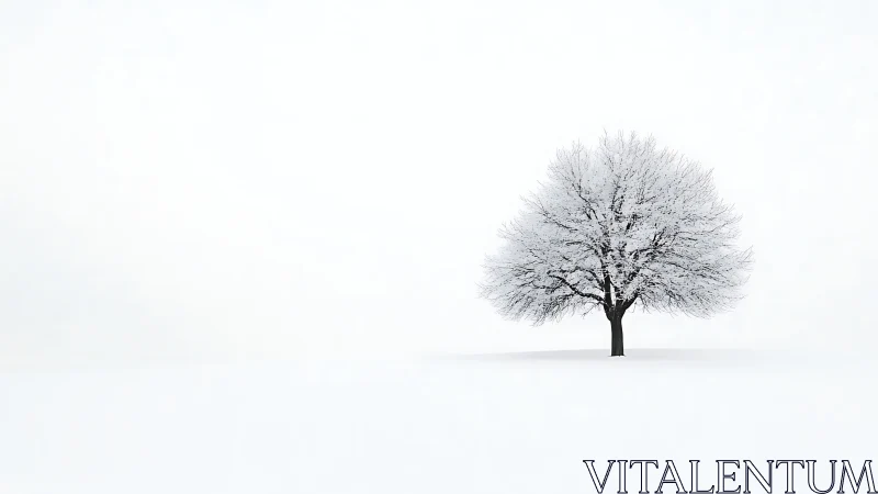 Minimalist winter tree on white horizon, high-key composition.