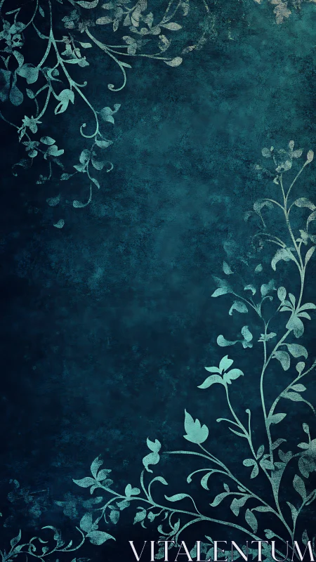 Teal floral vine pattern on textured dark blue background.