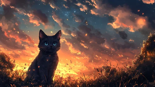 Black Cat Silhouette Against Apocalyptic Sunset Sky.